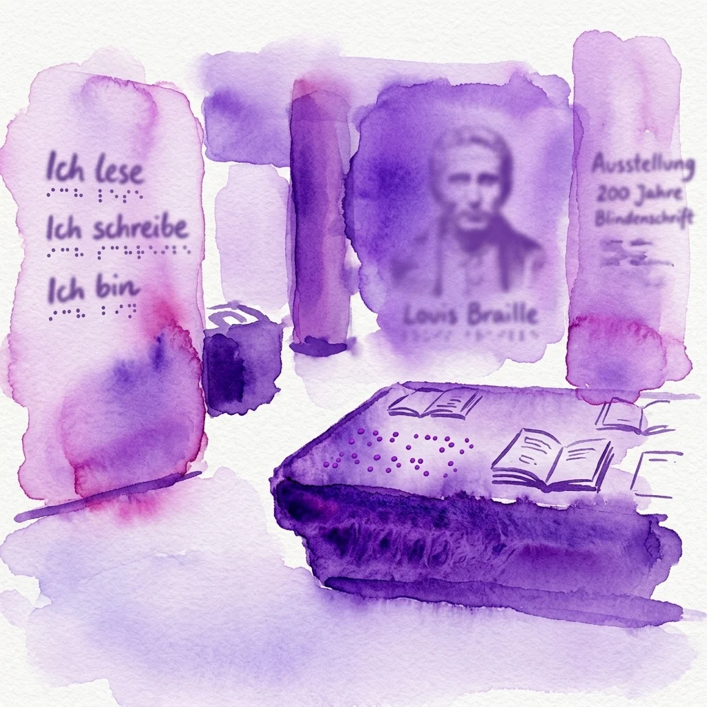 Purple watercolor illustration of a Braille exhibition featuring Louis Braille's portrait, tactile text panels, and open books with embossed dots, celebrating 200 years of Braille script.