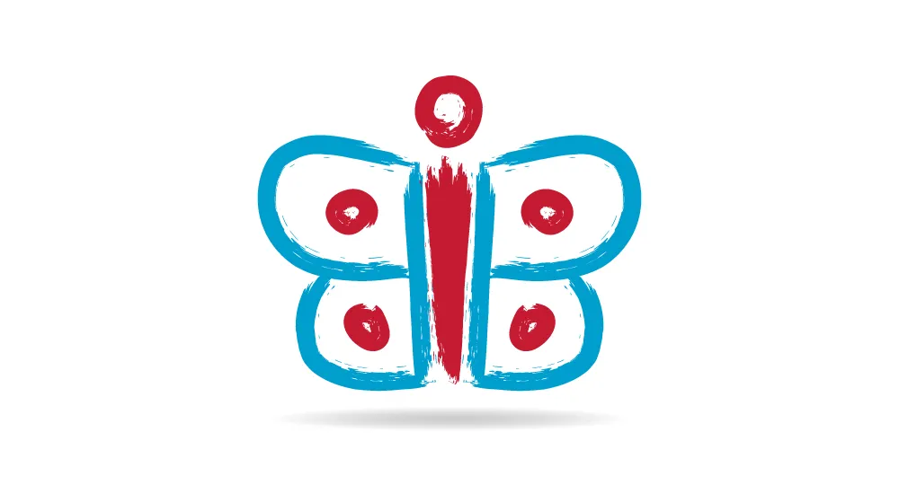 blue and red butterfly-shaped logo with a human figure in the center