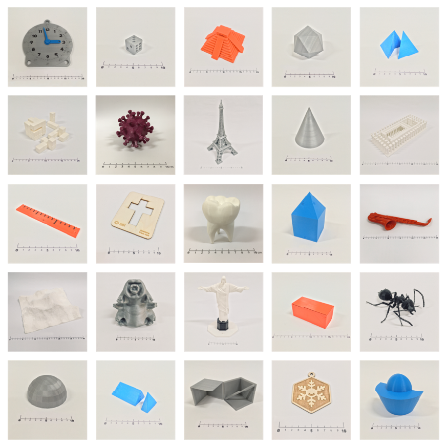 Grid of tactile models and assistive tools including a 3D Eiffel Tower, Braille ruler, tooth model, and other educational aids