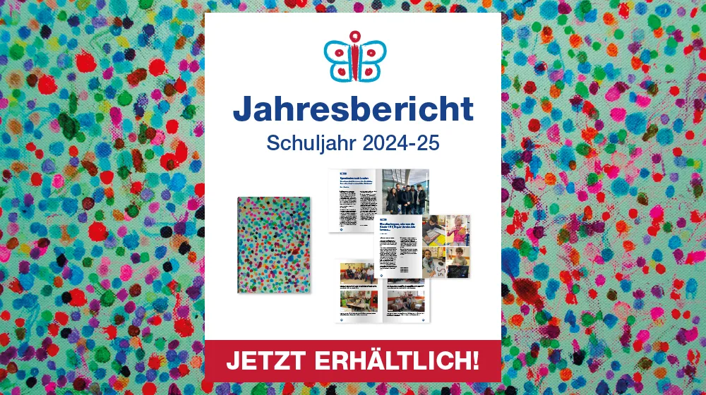 Colorful polka-dot background with a central white panel showing a report cover and a red banner with text