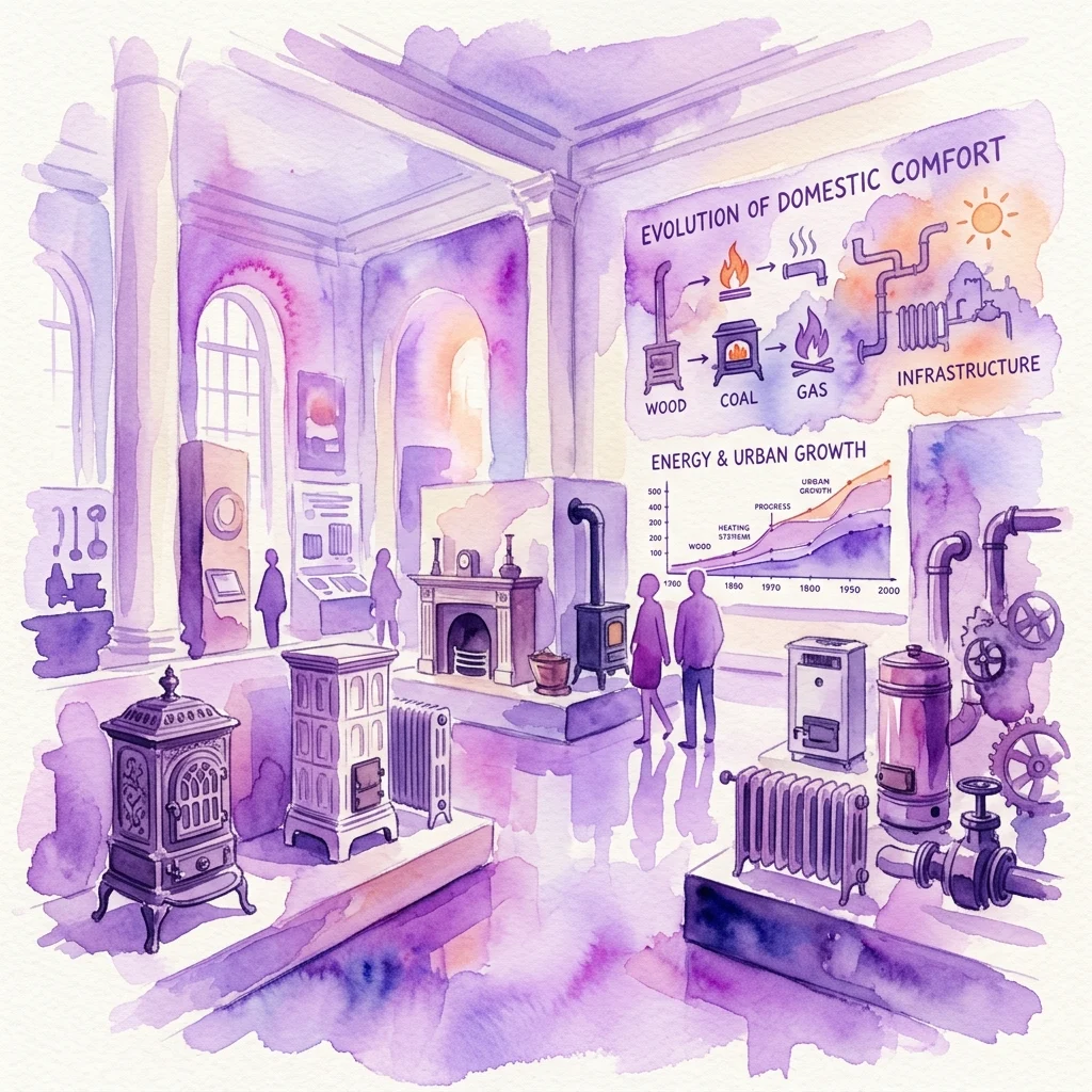 Ilustración en acuarela de la exposición 'Brennpunkt° - Sammlung', que muestra dispositivos históricos de calefacción y una infografía sobre la evolución del confort doméstico y el crecimiento urbano a través de la madera, el carbón, el gas y la infraestructura.
