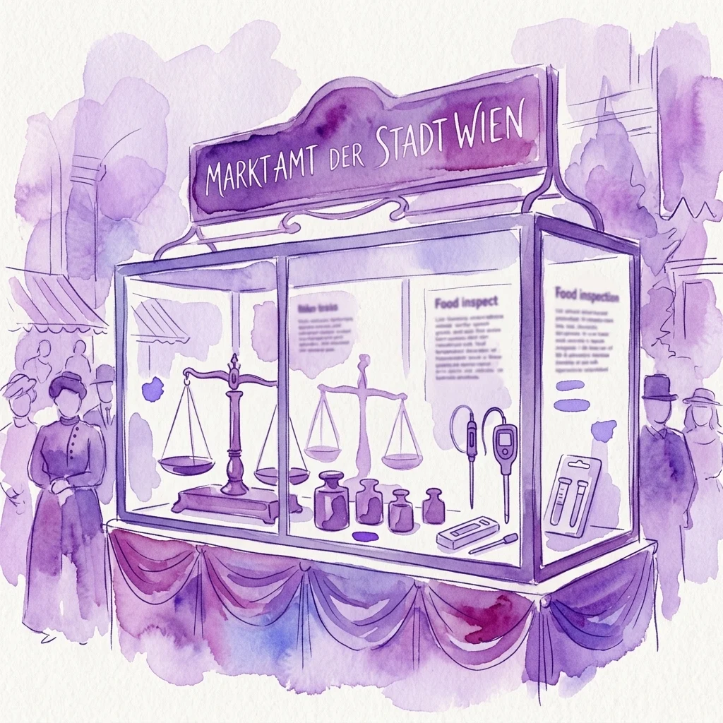 Una ilustración en acuarela de una vitrina en el Marktamtsmuseum, con balanzas históricas y herramientas modernas de inspección de alimentos bajo un letrero que dice 'MARKTAMT DER STADT WIEN', que representa la evolución de la seguridad alimentaria en Viena.