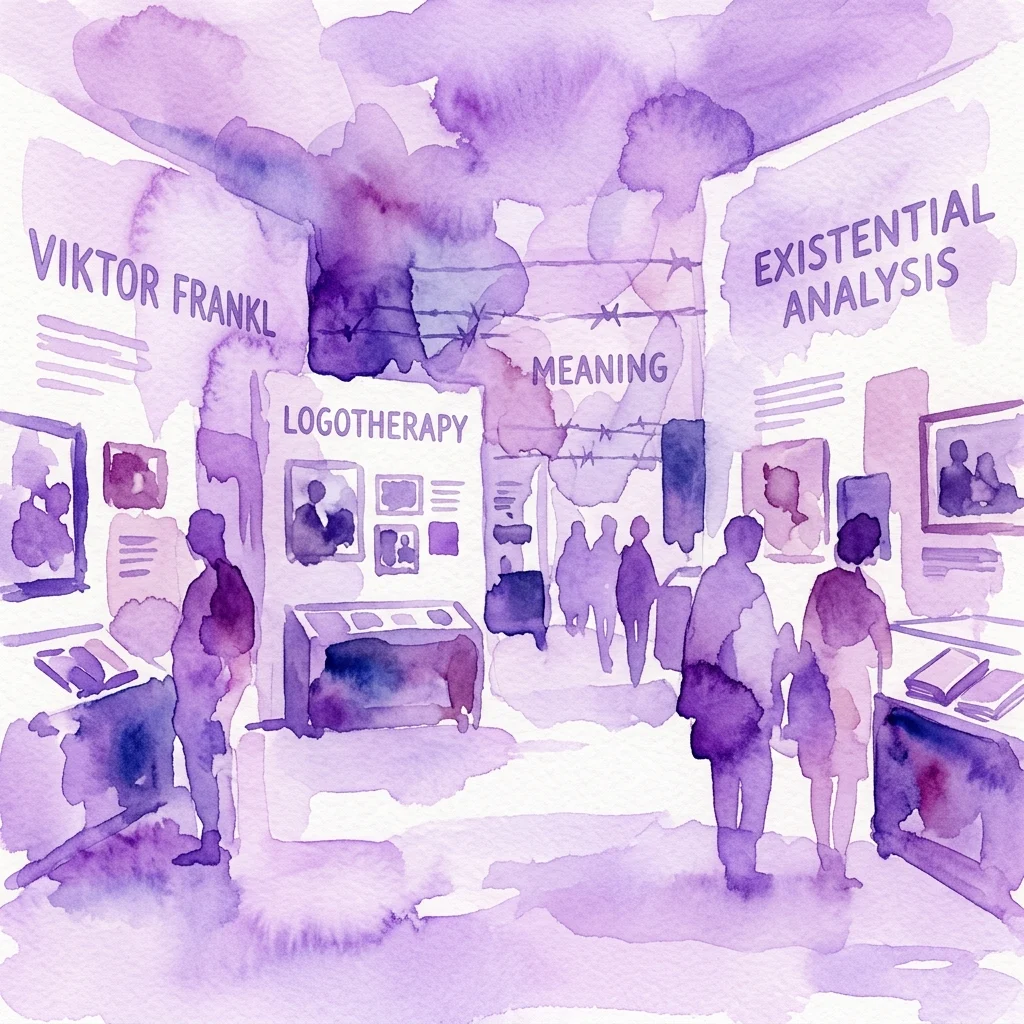 Ilustración en acuarela de la exposición del Museo Viktor Frankl que presenta exhibiciones sobre logoterapia, análisis existencial y sentido, con visitantes explorando el espacio.