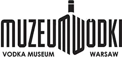 Czarno-białe logo Muzeum Polskiej Wódki w Warszawie, z napisem 'MUZEUM WÓDKI' i projektem w kształcie butelki.