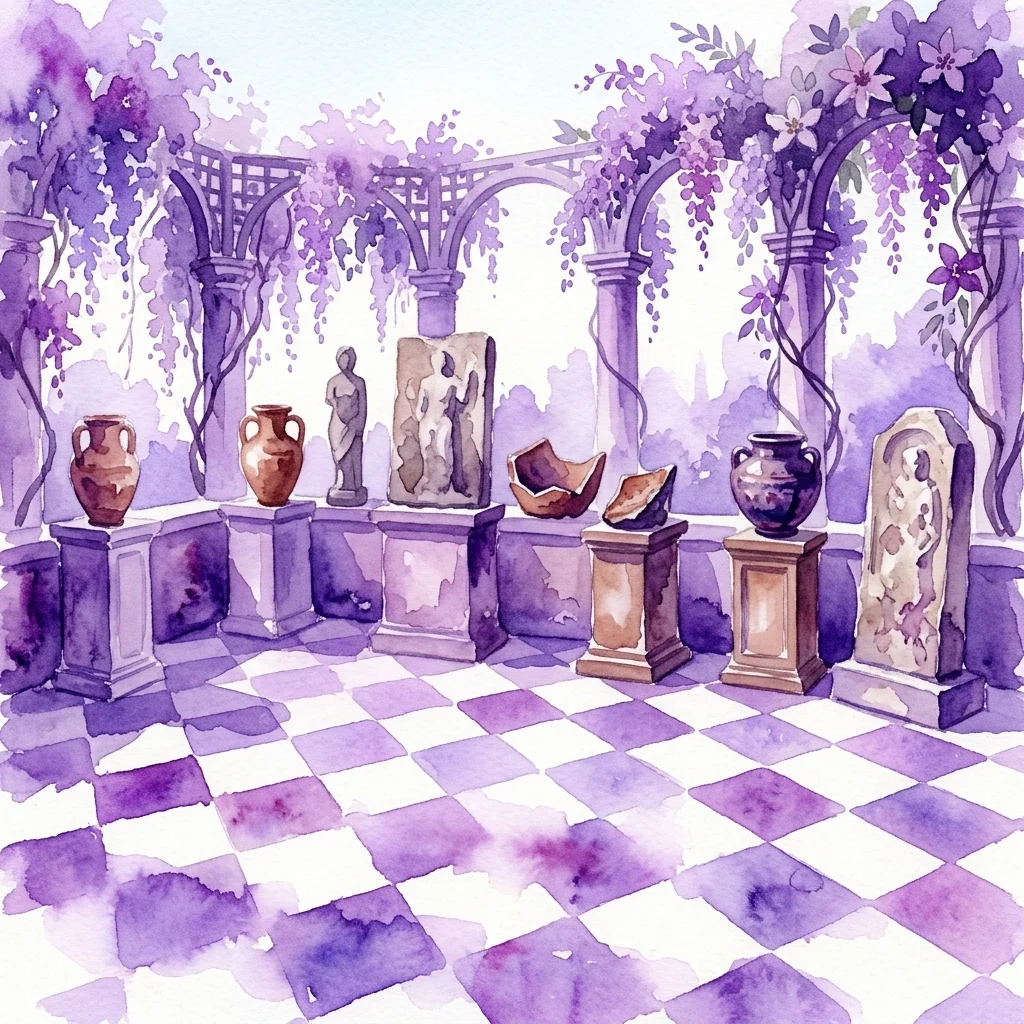 Een aquarelillustratie van een buitenexpositie met Oekraïense artefacten, waaronder vazen en sculpturen, tentoongesteld op sokkels onder paarse blauwe regen in een tuinomgeving.