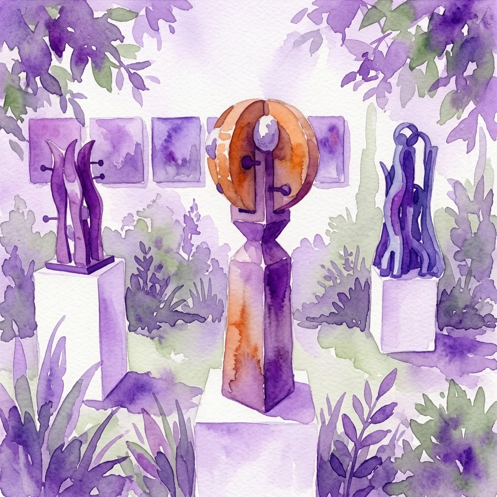 Waterverfillustratie van eigentijdse schilderijen en abstracte sculpturen van Pavla Vaňková en Jiří Vaněk, tentoongesteld in een serene tuin met zacht natuurlijk licht en groen.