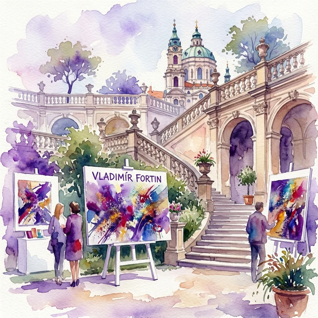 Waterverfillustratie van een buitenkunstrelisatie met levendige abstracte schilderijen van Vladimír Fortin, tentoongesteld in de historische Vrtba-tuin in Praag, met bezoekers die het kunstwerk bekijken tegen de achtergrond van barokke architectuur.