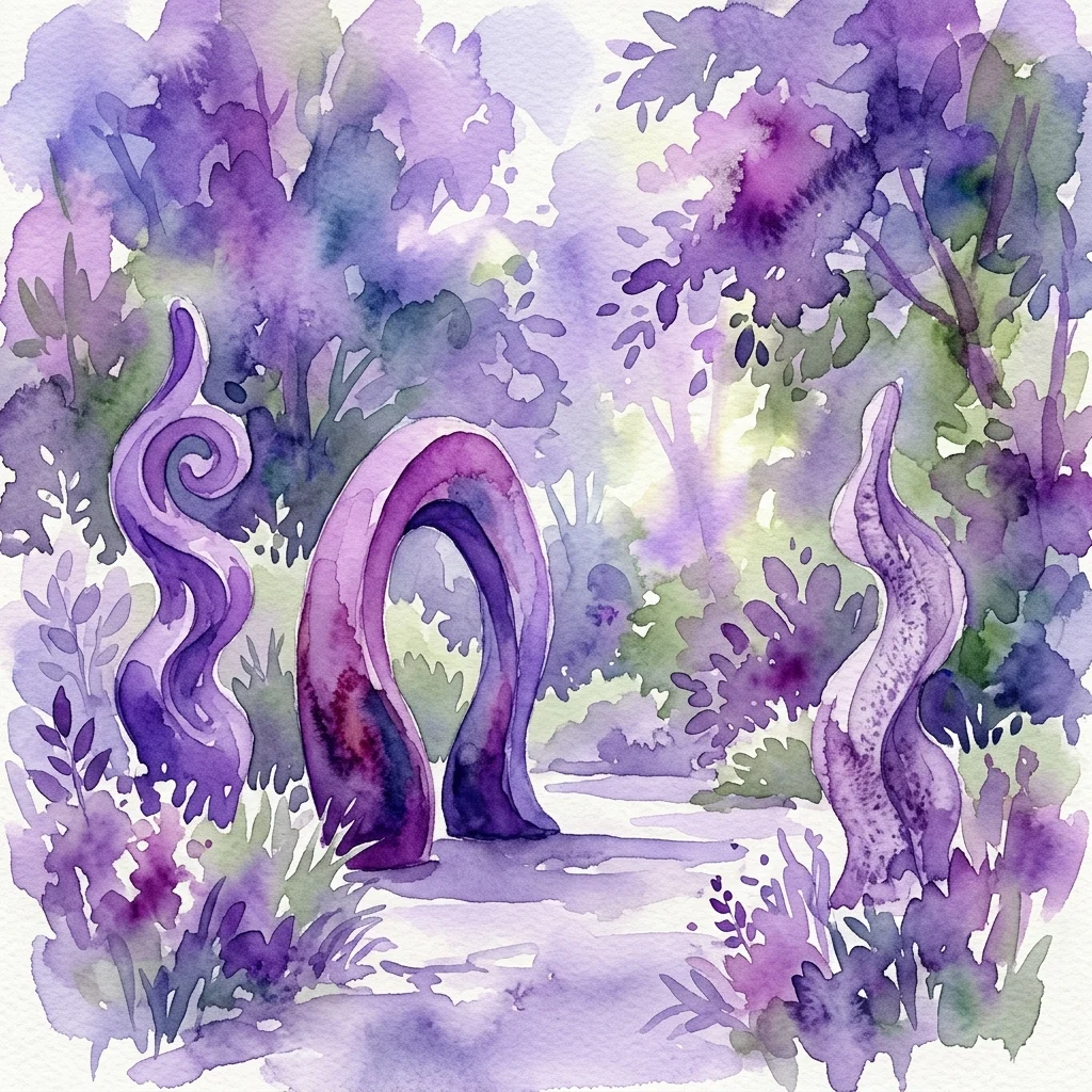 Waterverfillustratie van abstracte sculpturen in een tuinomgeving met paarse en groene tinten, ter depictie van een tentoonstelling van sculpturen door blinde kunstenaars.