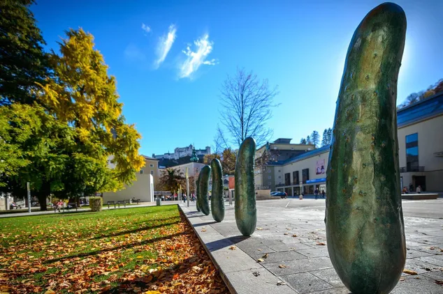 Fila de grandes esculturas de bronce con forma de pepino situadas en una plaza pública pavimentada, con árboles otoñales, hojas caídas y un cielo azul de fondo
