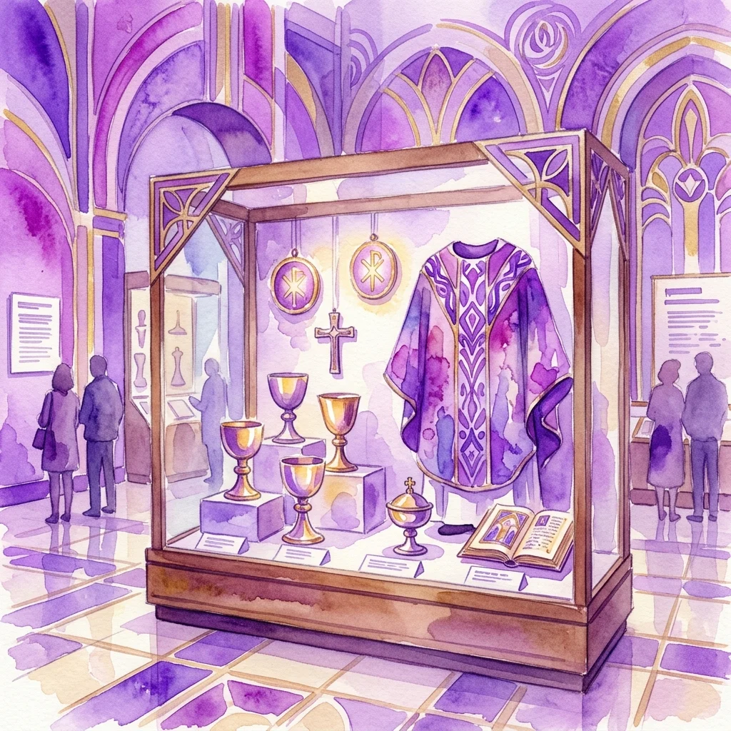 Witryna muzealna prezentująca artefakty religijne, w tym kielichy, szaty i medaliony, na tle inspirowanym stylem Art Déco w kolorach fioletu i złota, z obserwującymi ją zwiedzającymi.