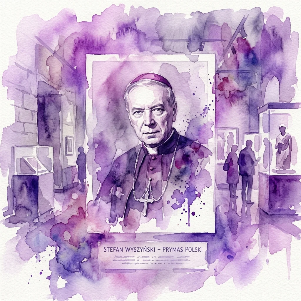 Ilustracja akwarelowa kardynała Stefana Wyszyńskiego, Prymasa Polski, prezentowana na wystawie muzealnej z widocznymi w tle artefaktami oglądanymi przez zwiedzających.