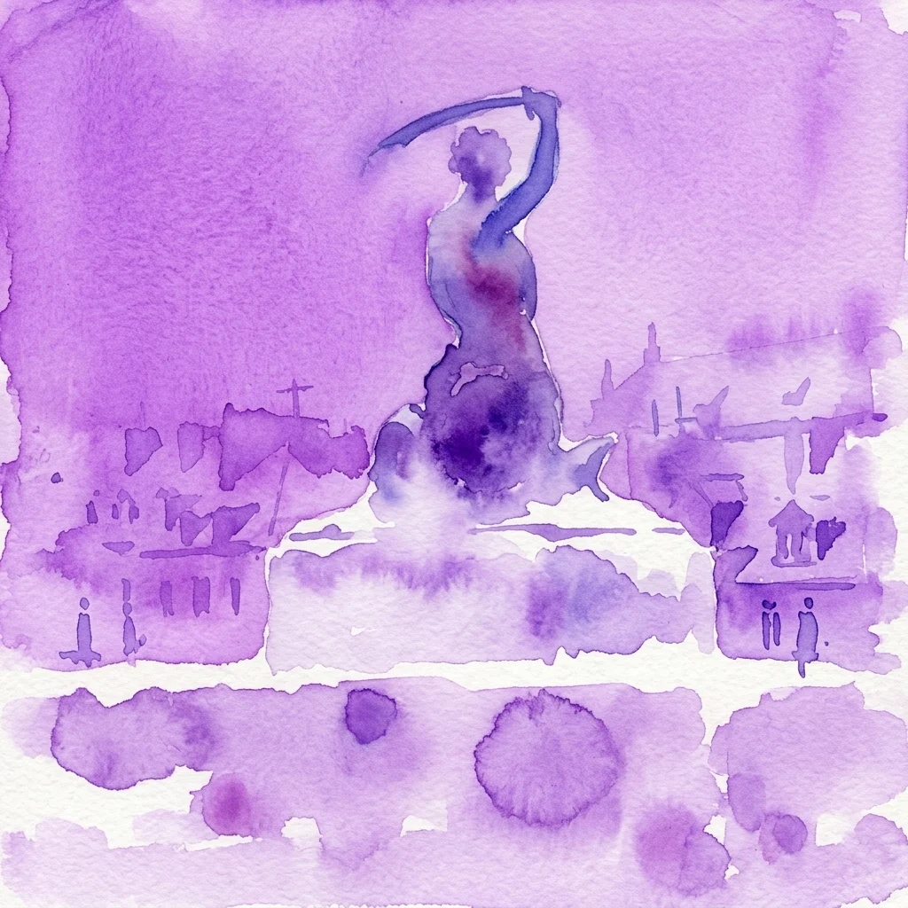 Una pintura de acuarela morada de una estatua con el brazo en alto, sobre un paisaje urbano nevado con edificios y figuras al fondo.