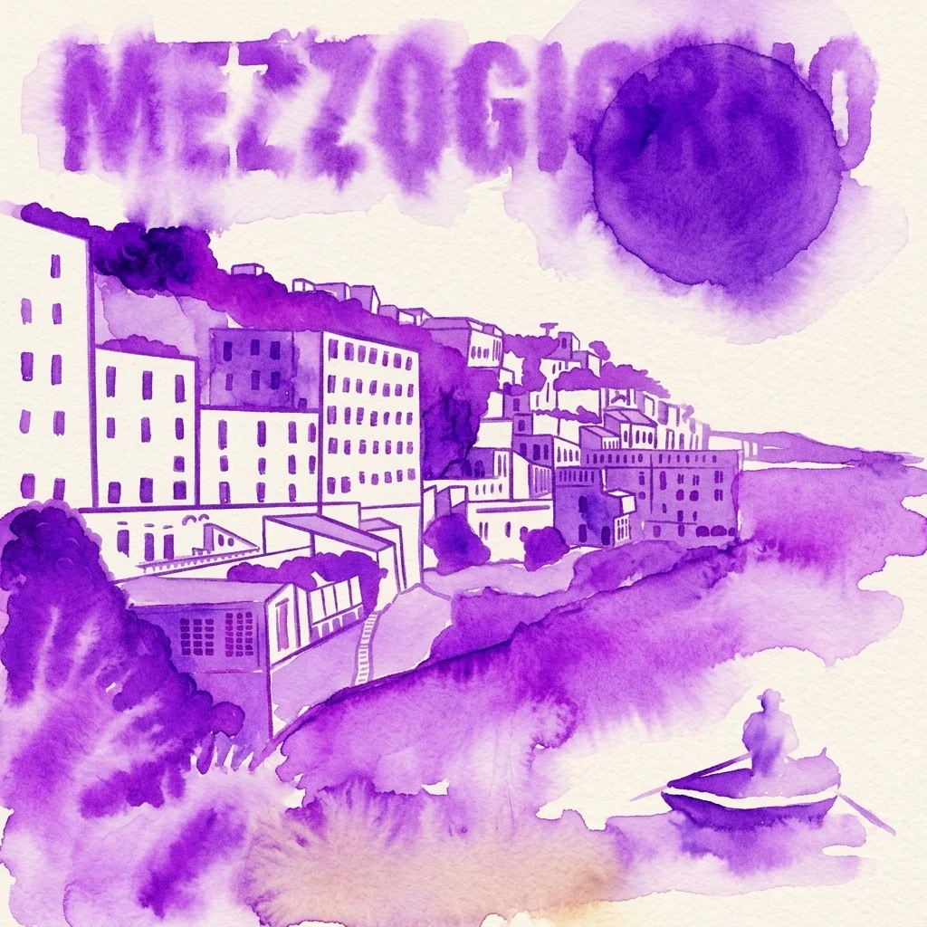 Ilustración en acuarela morada de un pueblo costero en el sur de Italia, con edificios en una ladera con vistas al mar y un bote con un remero, debajo de la palabra 'MEZZOGIORNO' en acuarela morada.