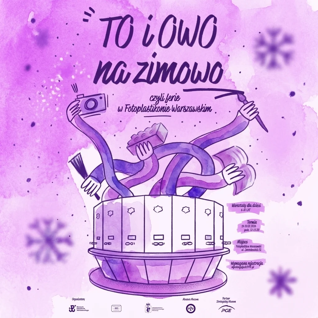 Plakat zimowych warsztatów artystycznych dla dzieci Fotoplastikonu Warszawskiego, przedstawiający dłonie trzymające aparaty, pędzle i gliniane rzeźby na fioletowym, akwarelowym tle z płatkami śniegu.