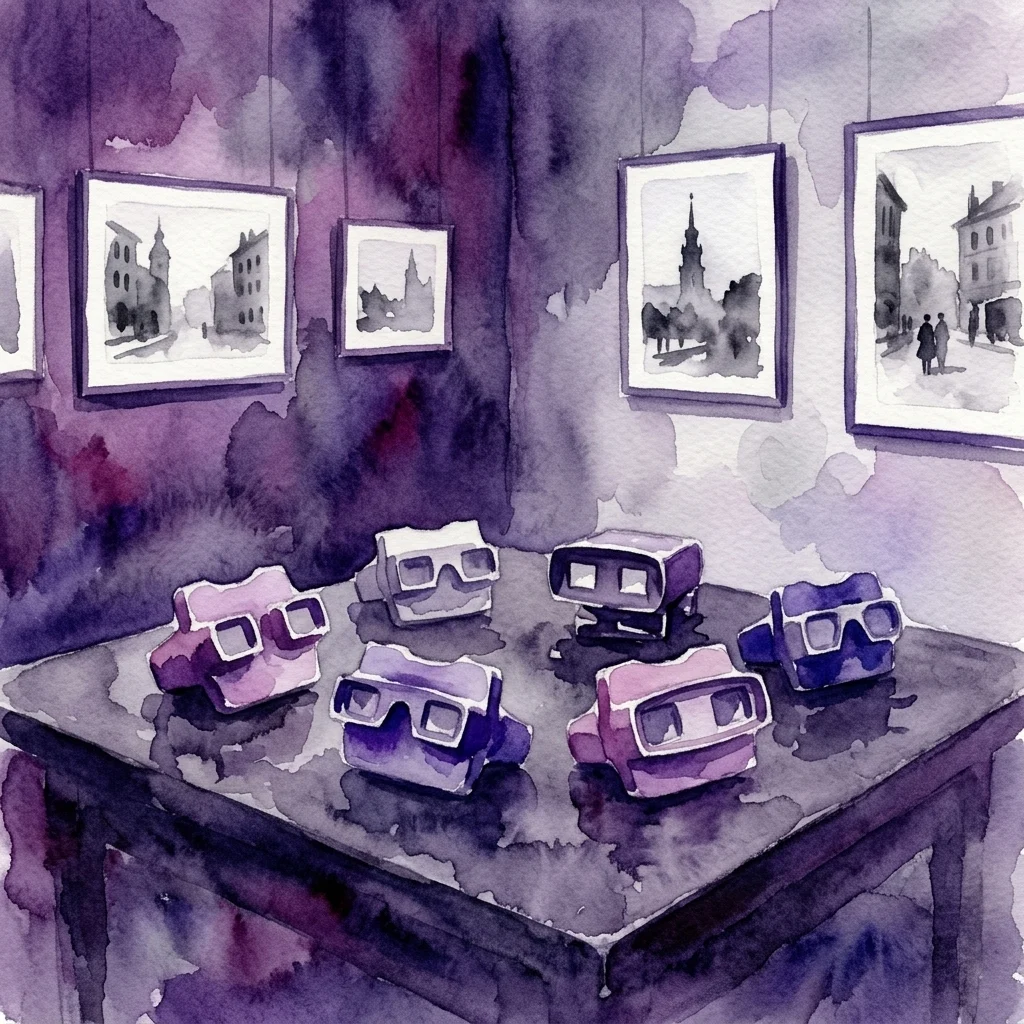 Ilustración en acuarela de visores estereoscópicos vintage sobre una mesa de madera oscura en una galería de tonos púrpuras, con fotografías en blanco y negro de la Varsovia de los años 20 enmarcadas en las paredes.