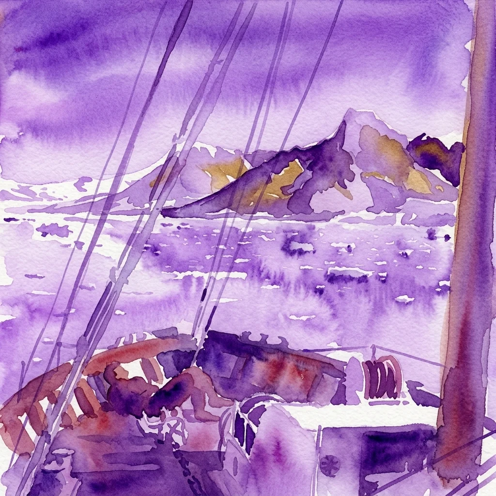 Una acuarela que representa la cubierta de un barco con aparejos, con vistas a un paisaje ártico nevado con montañas bajo un cielo púrpura, evocando la expedición polaca a Spitsbergen de 1957-1958.