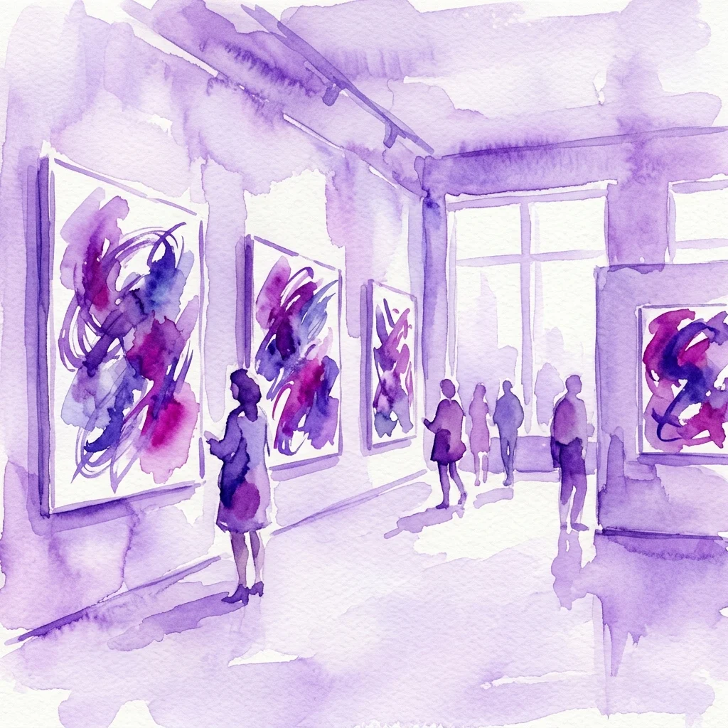 Ilustracja akwarelowa nowoczesnej galerii sztuki z abstrakcyjnymi obrazami w kolorach fioletowym i magentowym, zwiedzającymi oglądającymi dzieła sztuki oraz jasnym oknem w tle.