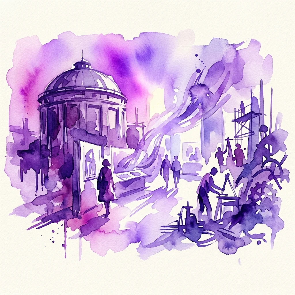 Ilustracja akwarelowa w odcieniach fioletu przedstawiająca historyczną Warszawską Gazownię, ukazująca architekturę przemysłową, robotników i konstrukcję kopuły, symbolizującą przejście od koncepcji do rzeczywistości.