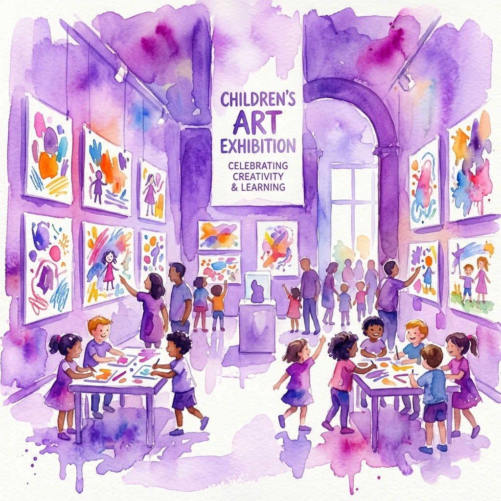 Ilustracja akwarelowa wystawy sztuki dla dzieci w galerii muzealnej, przedstawiająca kolorowe dzieła sztuki na ścianach i dzieci zaangażowane w kreatywne zajęcia przy stołach, z centralnym banerem 'Wystawa Sztuki Dziecięcej: Świętujemy Kreatywność i Naukę'.