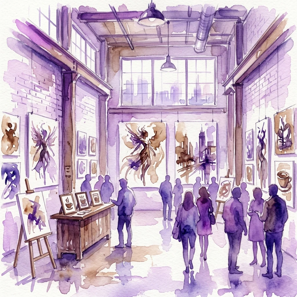 Ilustracja akwarelowa wystawy sztuki w galerii w stylu industrialnym z odsłoniętymi ceglanymi ścianami, wysokimi sufitami i zwiedzającymi oglądającymi abstrakcyjne obrazy oraz prace o tematyce kawowej.