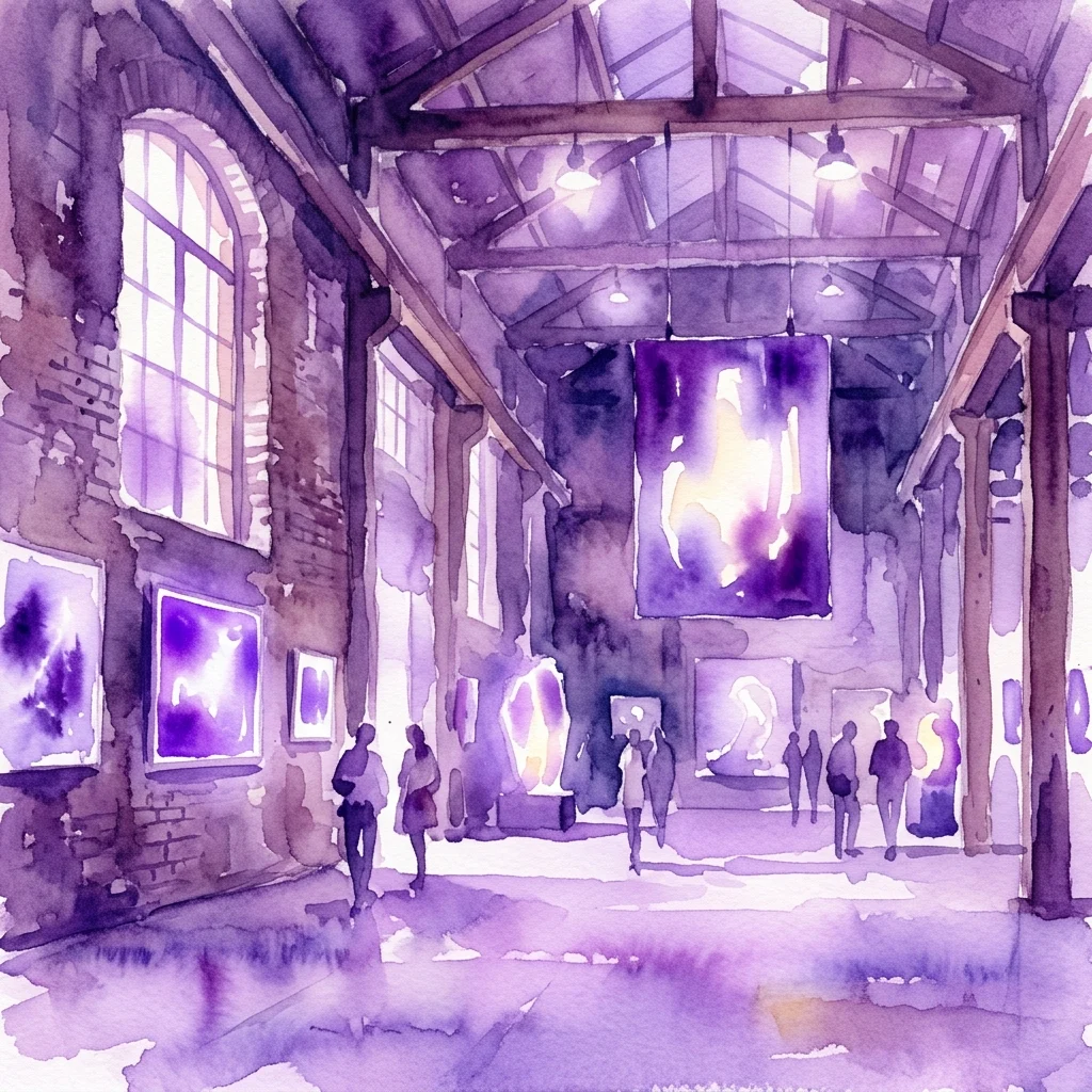 Waterverfillustratie van een kunstexpositie in een historische industriële ruimte, met paars getinte kunstwerken en bezoekers die de galerie verkennen onder zichtbare balken en grote ramen.