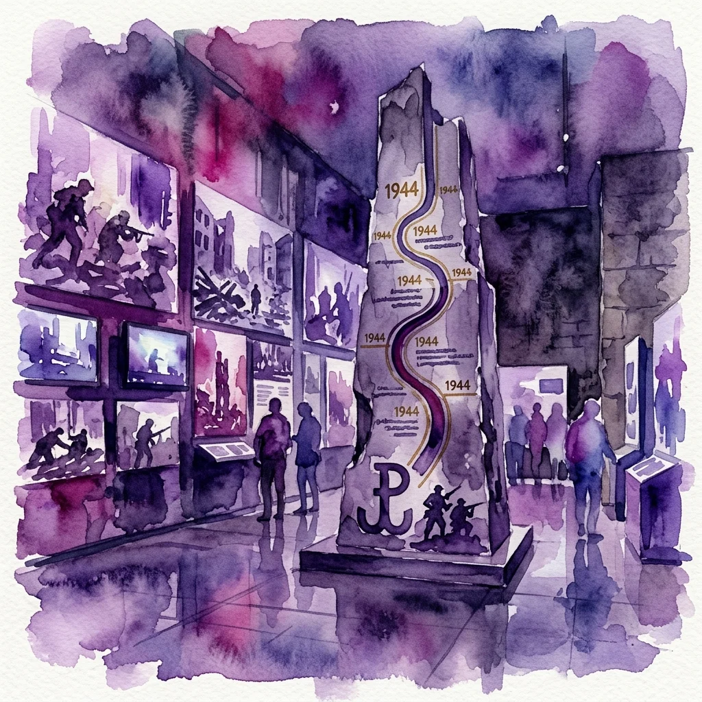 Ilustración en acuarela de la sala de exposiciones del Museo del Alzamiento de Varsovia, que presenta un monumento central con una línea de tiempo e inscripciones de 1944, rodeado de fotografías históricas y exposiciones multimedia, evocando la atmósfera del Alzamiento de Varsovia de 1944.