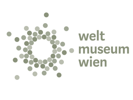Logo składające się z okrągłego wzoru zielonych i szarych kropek z tekstem 'welt museum wien' pisanym małymi literami