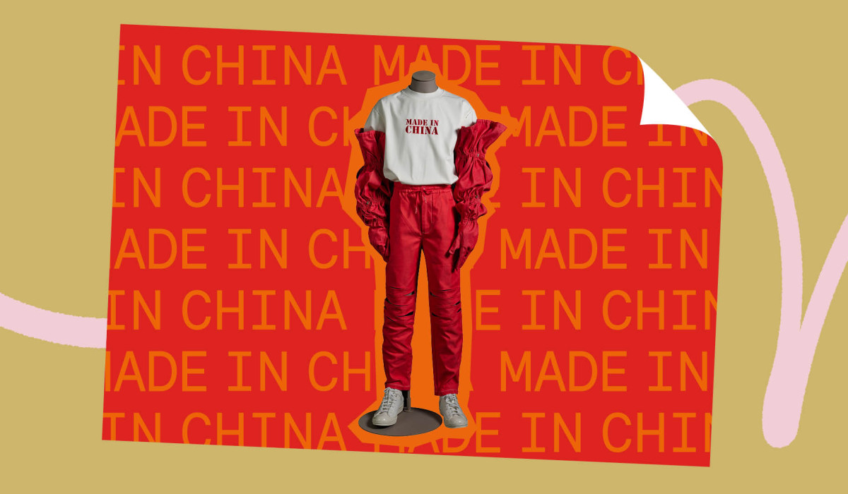 Mannequin wearing red pants and white 'MADE IN CHINA' t-shirt against red background with repeated orange 'MADE IN CHINA' text