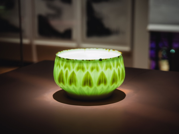 Green ceramic bowl with leaf-shaped patterns displayed under focused lighting on a dark surface