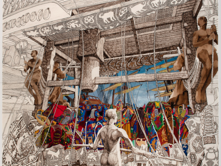 Intricate black-and-white drawing of a wooden structure with human figures, colorful patterned textiles, and decorative carvings