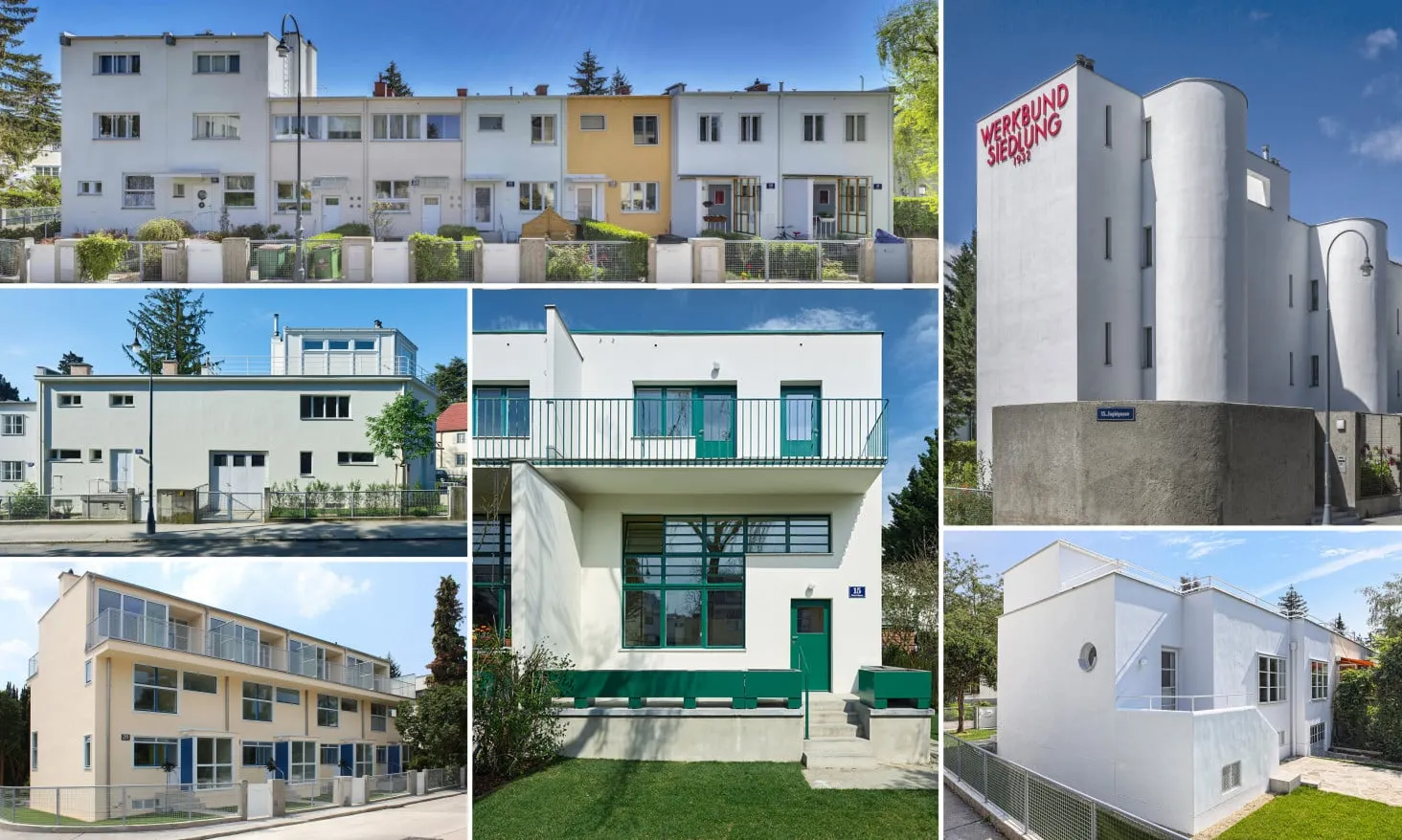 Colaje de edificios modernistas con fachadas blancas y pasteles, acentos verdes y grandes ventanales, parte del Werkbund Estate en Viena
