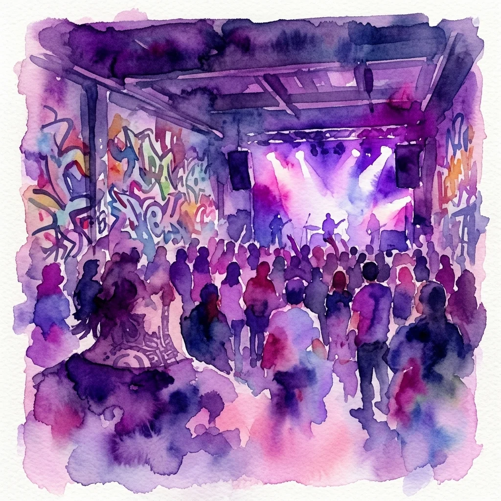 Watercolor illustration of a vibrant concert scene at Arena Wien, showing a crowd under purple and pink stage lights with graffiti art on the walls, reflecting its alternative culture.