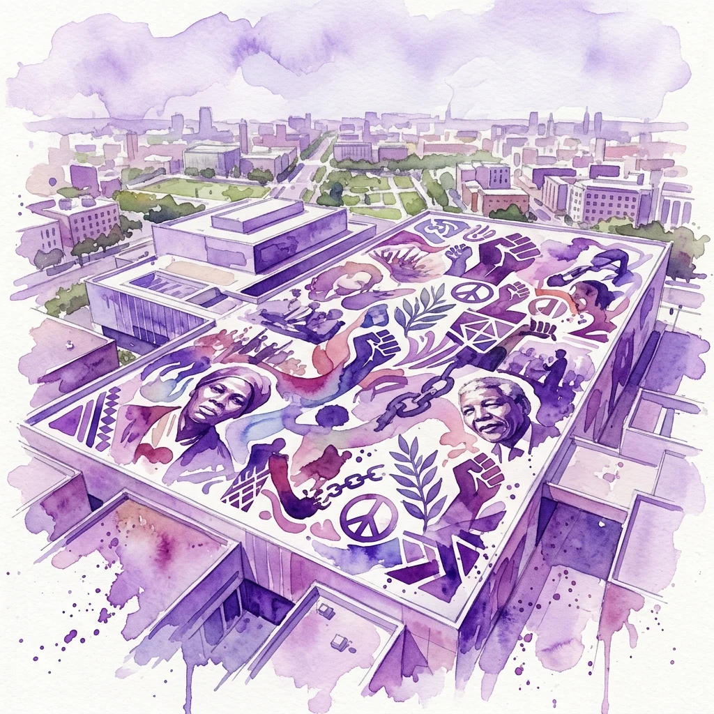 A vibrant watercolor illustration of a rooftop street art installation on the Wien Museum's entrance pavilion, featuring portraits of historical figures, raised fists, peace symbols, and chains, set against an urban cityscape.