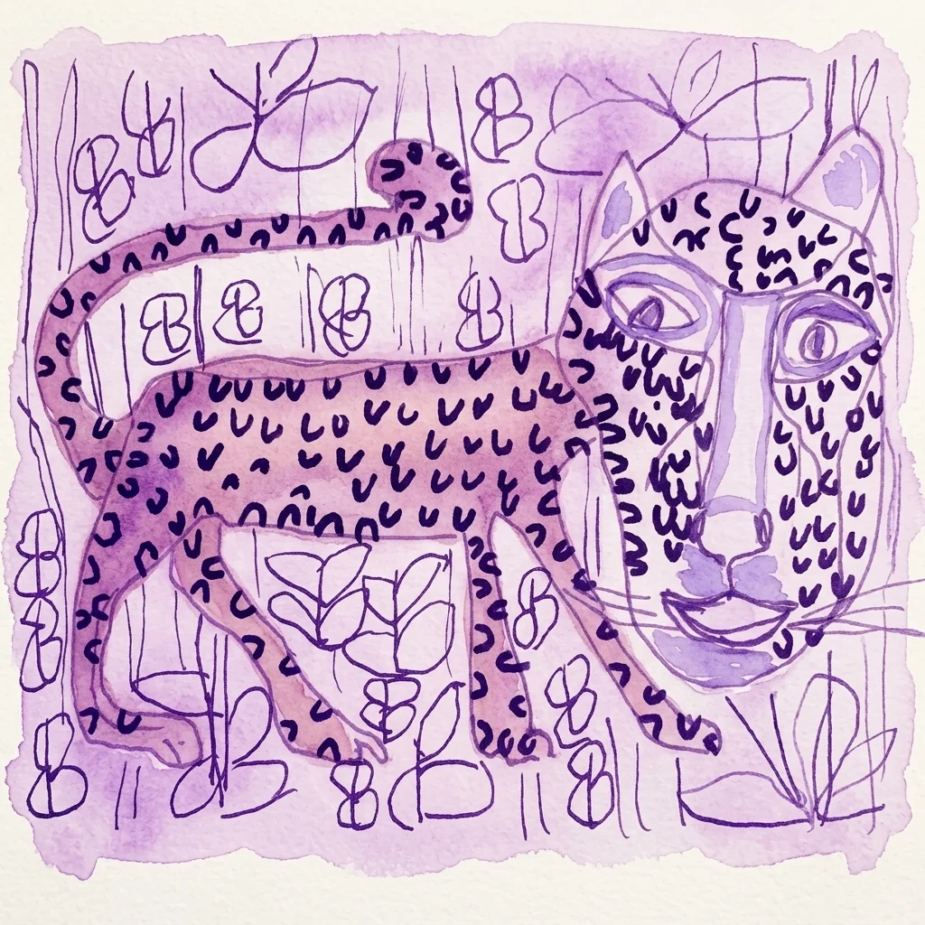 A purple watercolor and ink illustration of a stylized jaguar with abstract patterns, featuring bold black outlines and a textured background.