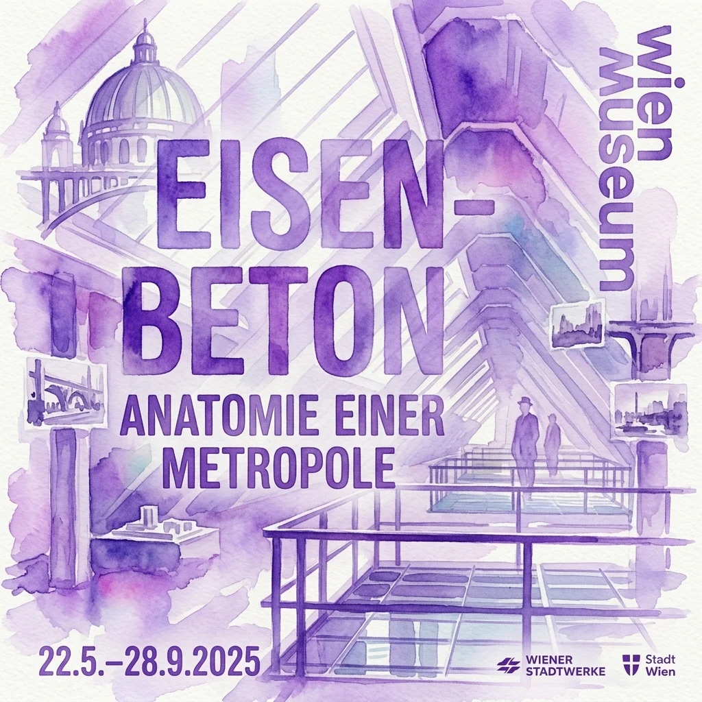 Promotional poster for the exhibition 'Eisenbeton. Anatomie einer Metropole' at the Wien Museum, featuring purple watercolor illustrations of Viennese architecture, concrete structures, and archival photos, with dates 22.5–28.9.2025.
