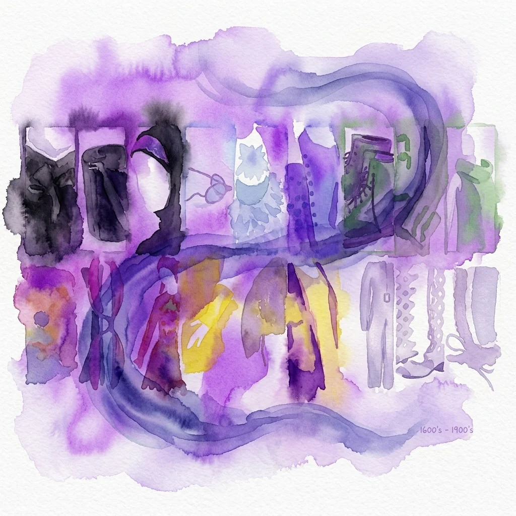 A watercolor illustration of historical fashion items including dresses, hats, and shoes, arranged in a vibrant collage to represent four centuries of fashion history from the 1600s to the 1900s.