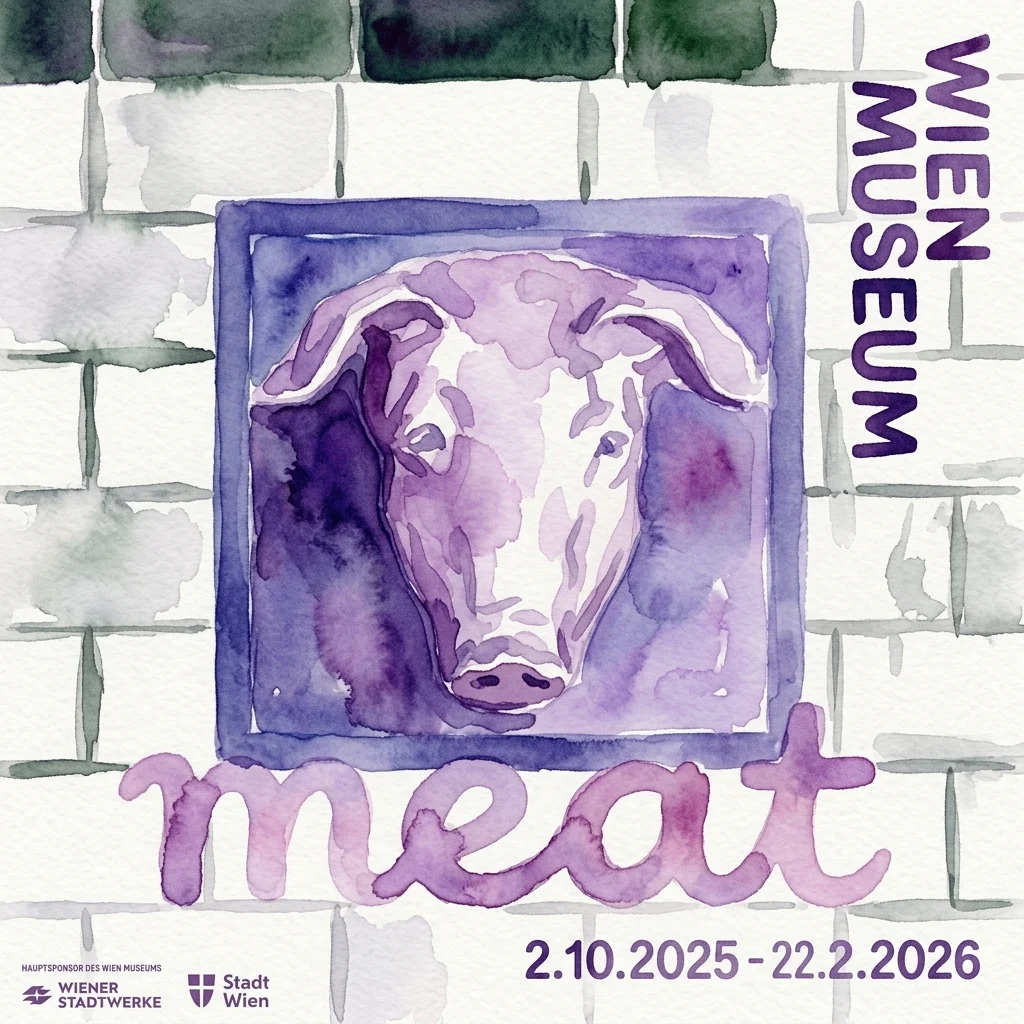 Ilustracja akwarelowa głowy świni w fioletowych odcieniach, oprawiona na tle ściany z kafelków, ze słowem 'mięso' pisanym kursywą poniżej i tekstem 'WIEN MUSEUM' po prawej stronie, promująca wystawę w Wien Museum.