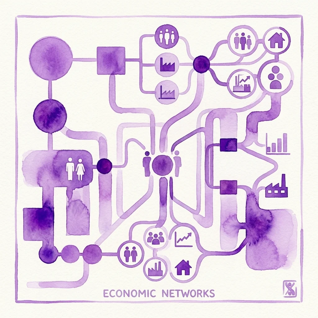 Een abstracte paarse aquarelillustratie van economische netwerken, met onderling verbonden iconen van mensen, fabrieken, huizen en grafieken, geïnspireerd door Otto Neurath's Isotype visuele taal.
