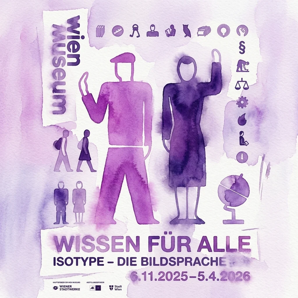 Promotional poster for the Vienna Museum exhibition 'ISOTYPE – die Bildsprache aus Wien', featuring purple watercolor silhouettes of people and Isotype pictograms, with exhibition dates 6.11.2025–5.4.2026.