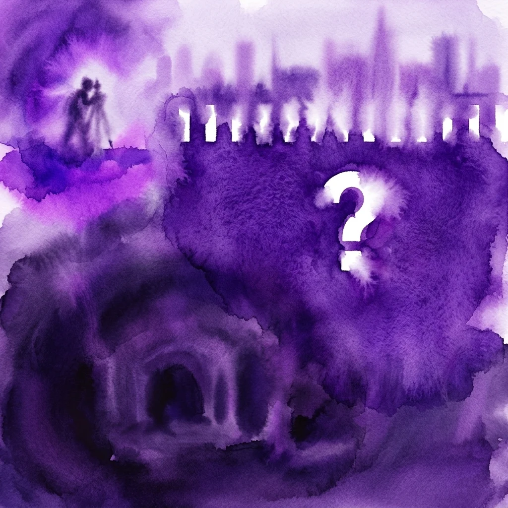 Een paarse aquarelillustratie van een oude Romeinse ondergrondse structuur met een groot vraagteken, die de mysterie rond het doel ervan in de Weense geschiedenis symboliseert.