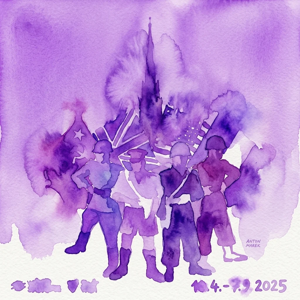 Ilustracja akwarelowa żołnierzy alianckich z różnych narodów stojących razem przed Katedrą św. Szczepana, symbolizująca powojenną okupację i wpływy kulturowe w Wiedniu.