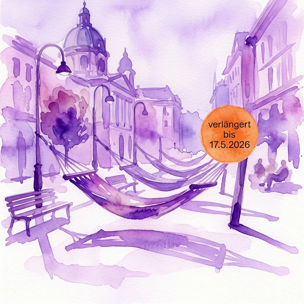 Ilustracja akwarelowa wiedeńskiej sceny ulicznej z hamakami zawieszonymi między latarniami, budynkiem z kopułą w tle i pomarańczowym okręgiem wskazującym, że wystawa została przedłużona do 17.05.2026.