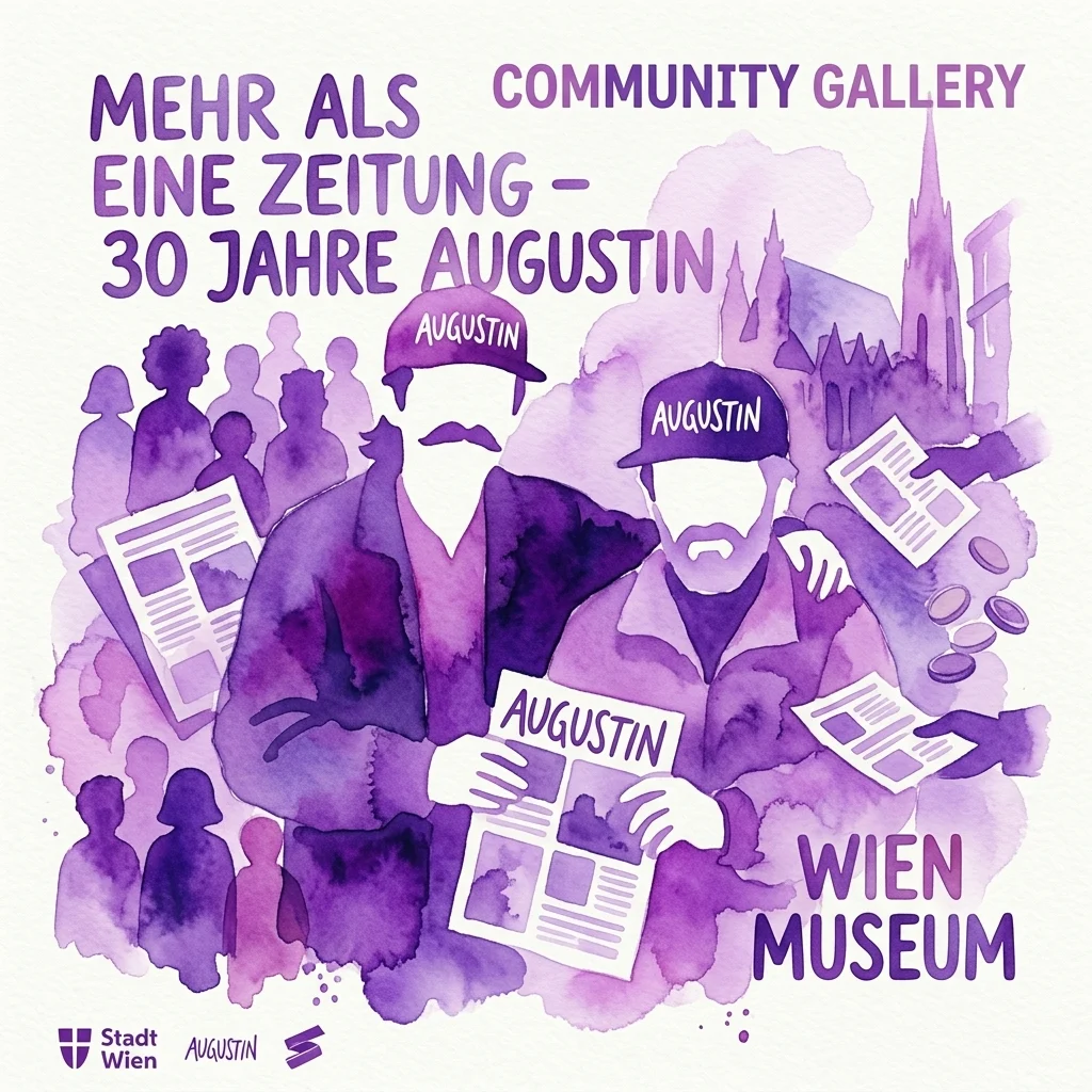 A vibrant purple watercolor illustration for the exhibition 'Mehr als eine Zeitung: 30 Jahre Augustin' at the Vienna Museum, featuring figures selling the Augustin street newspaper and symbolic elements of community and urban life.