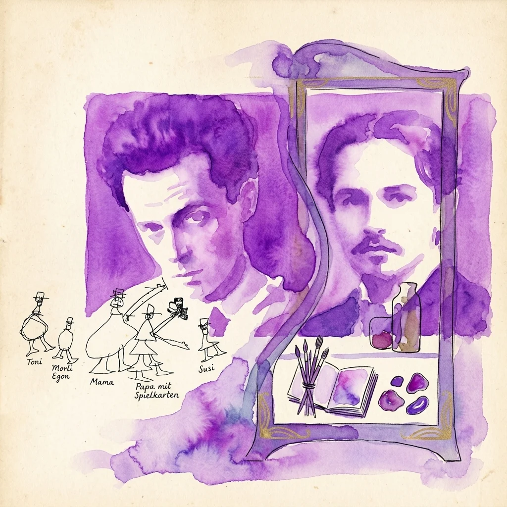 Una ilustración de acuarela púrpura del retrato de Egon Schiele, con un espejo que refleja su imagen y bocetos familiares etiquetados como Toni, Morli, Mama, Papa mit Spielkarten y Susi, junto a suministros de arte en un gabinete.