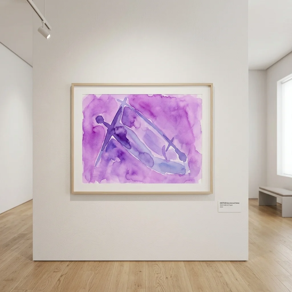 Obra de arte abstracta en acuarela en tonos púrpuras y azules, titulada 'INNITTED (condensed flats)' de Heliane Wiesauer-Reiterer, expuesta en una galería.