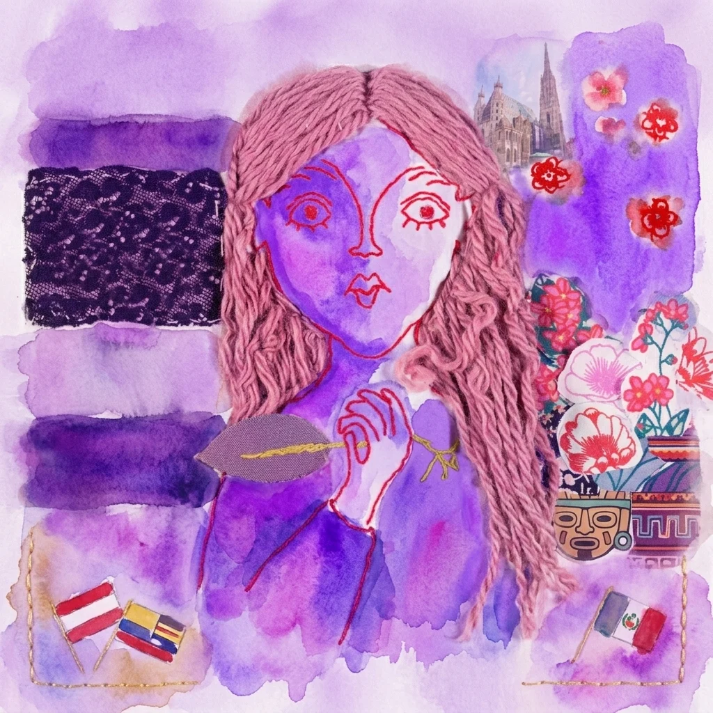 A mixed-media artwork featuring a purple-toned figure with yarn hair, surrounded by flags of Austria, Colombia, and Mexico, floral patterns, and a depiction of Vienna's St. Stephen's Cathedral, representing cultural exchange in the Viena Latina exhibition.
