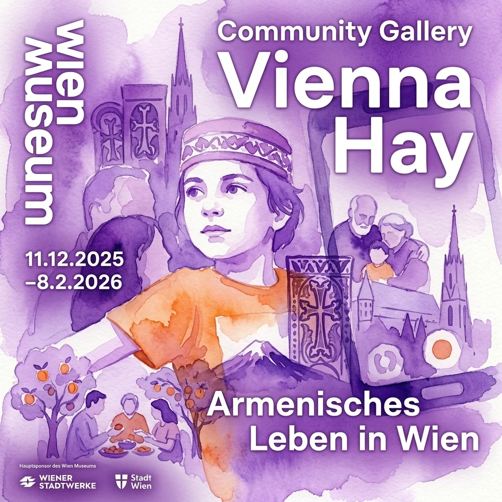 Plakat wystawy "Wiedeńskie Siano" w Muzeum Wiedeńskim, prezentujący ormiańskie życie w Wiedniu za pomocą akwarelowych ilustracji ludzi, tradycyjnych symboli i wiedeńskich zabytków.