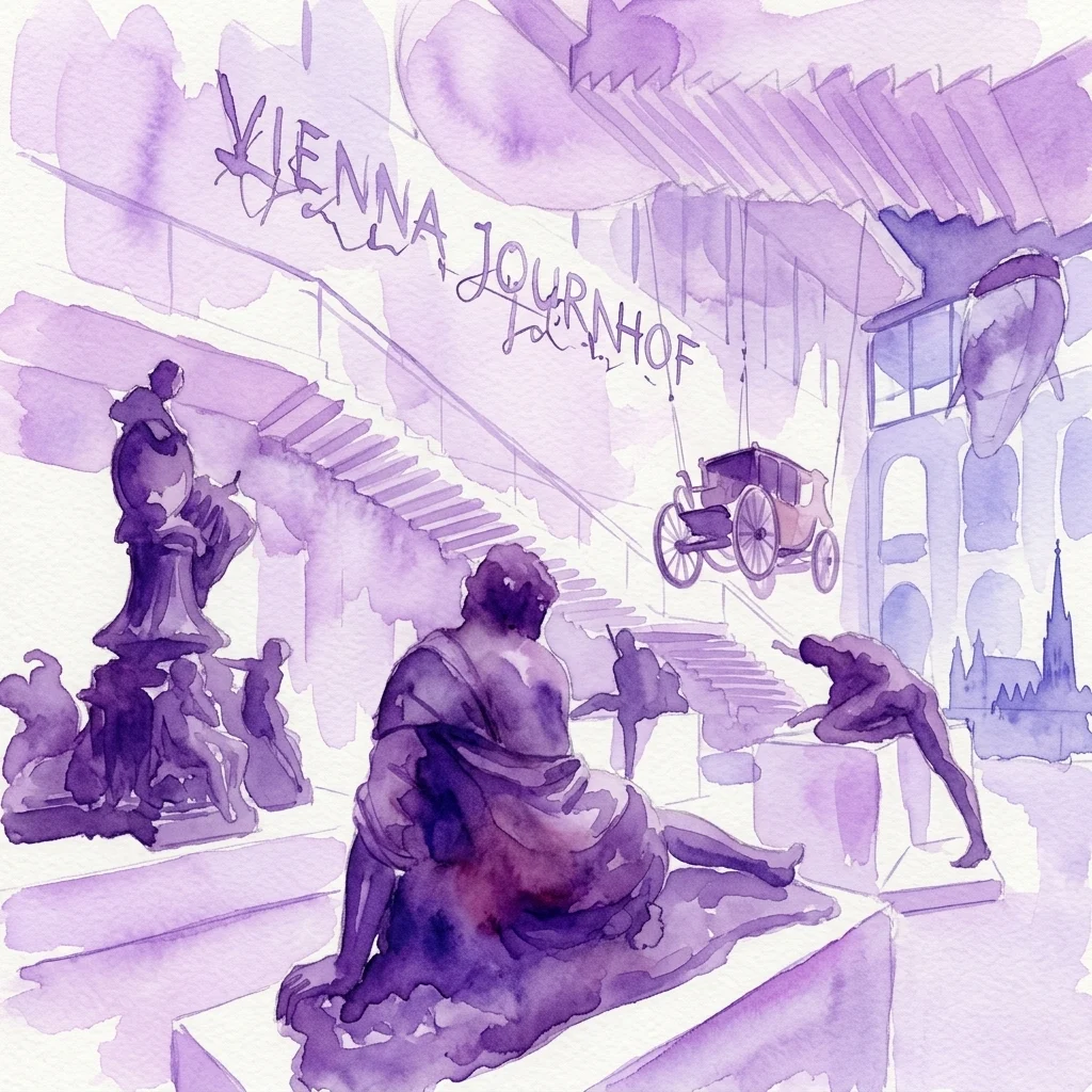 Fioletowa akwarelowa ilustracja wystawy „Wien. Meine Geschichte” w Muzeum Wien, przedstawiająca artefakty historyczne, takie jak wspaniały powóz, rzeźby i zabytki miasta, reprezentujące historię Wiednia.