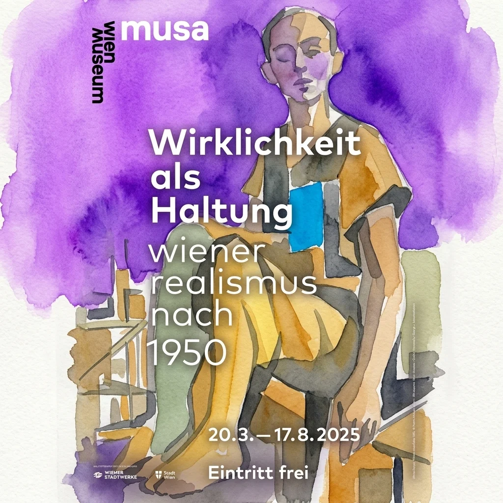 Plakat wystawy "Wirklichkeit als Haltung: Wiener Realismus nach 1950" w Wien Museum, przedstawiający akwarelową ilustrację postaci w stonowanych barwach ziemi z fioletowym tłem i niebieskim akcentem.