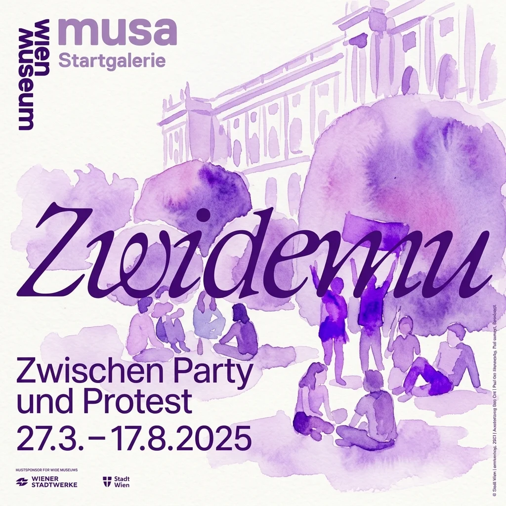 Artistic watercolor poster for the 'Zwidemu. Zwischen Party und Protest' exhibition at the Wien Museum Musa Startgalerie, featuring purple silhouettes of people in a park setting with neoclassical architecture in the background.